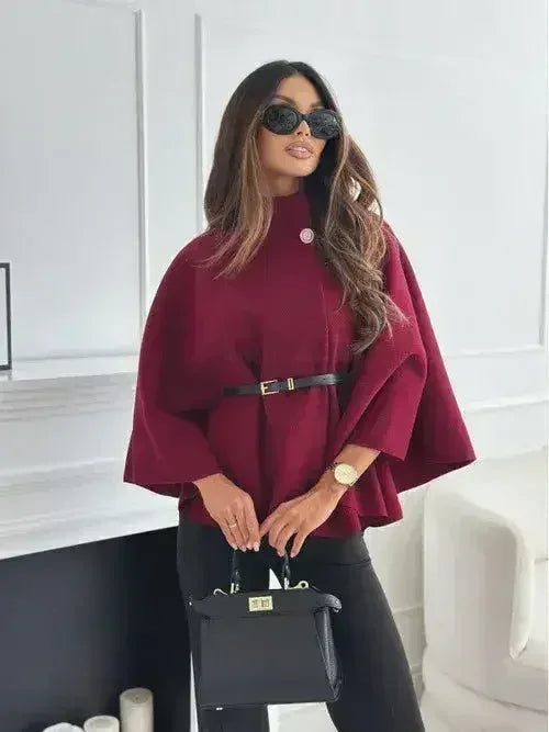 Winter Fashion Solid Color Waist Tie Woolen Cape Coat Women&