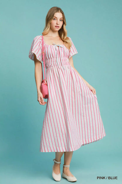 Umgee Smocked Striped Short Sleeve Midi Dress