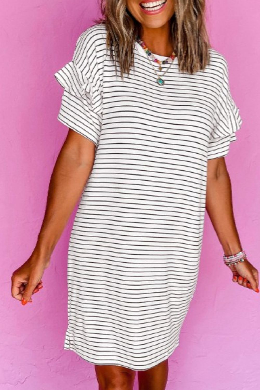 White Striped Round Neck Short Sleeve Mini Dress Casual &amp; Playful Everyday Look Dress