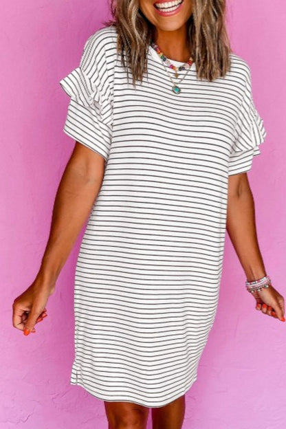 White Striped Round Neck Short Sleeve Mini Dress Casual &amp; Playful Everyday Look Dress