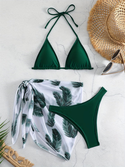 Feather Luxe 3-Piece Bikini Set – Exotic Feather Print Halter Neck Backless Swimsuit with High Cut Tie Back Bottoms and Wrap Cover-Up – Women’s High-Stretch Comfortable Swimwear for Summer Beach &amp; Pool Vacations