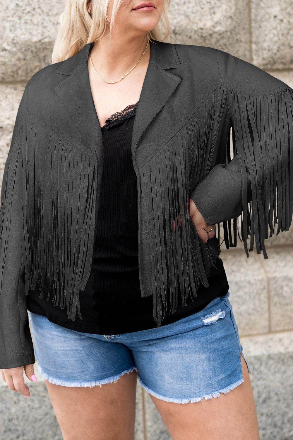 Plus Size Fringe Open Front Jacket for Stylish Layering