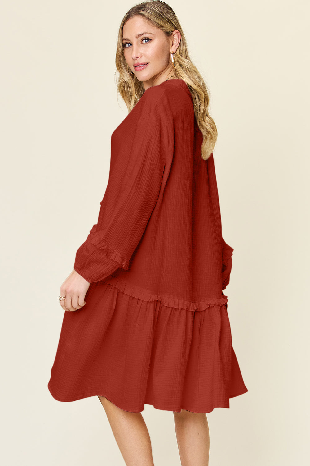 Textured Half-Button Ruffle Trim Dress