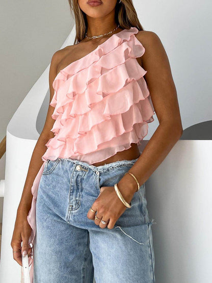 Layered Ruffled One Shoulder Tank for Stylish Women