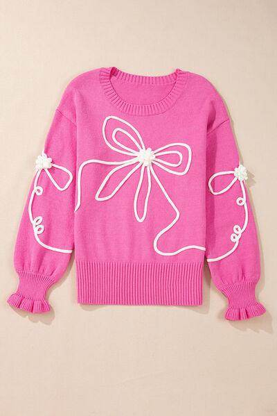 Bow Round Neck Dropped Shoulder Sweater for Women
