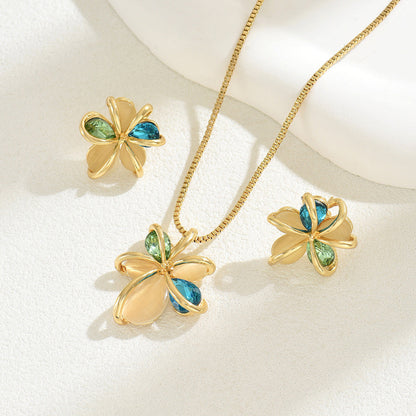 Niche Literary Vintage Elegant Women Jewelry Set, Baroque Floral Design Inlaid Synthetic Gemstone, Matching Stud Earrings &amp; Clavicle Chain