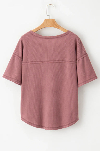 Blue Exposed Seam Drop Sleeve V Neck Waffle Textured Top