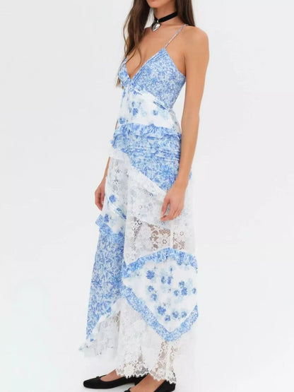 Lace Detail Ruffled Floral V-Neck Maxi Dress