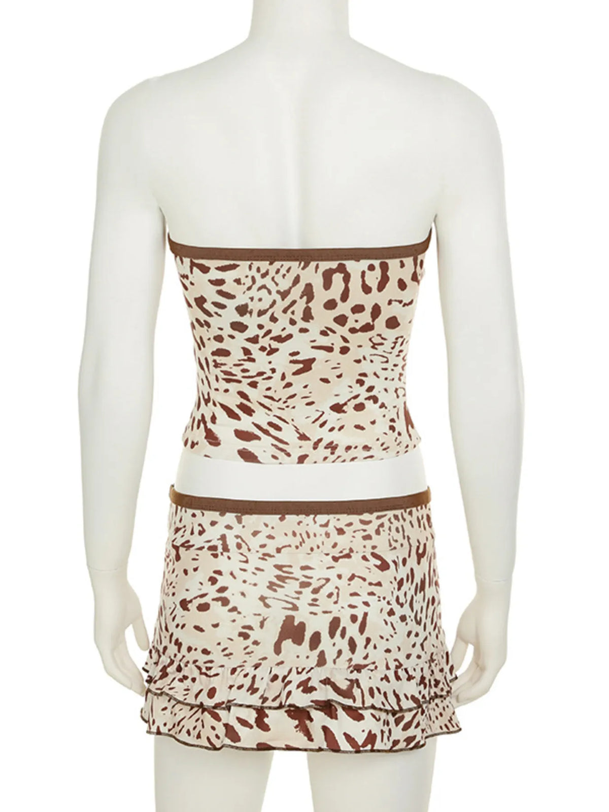 Leopard Print Strapless Top and Skirt Two-Piece Set
