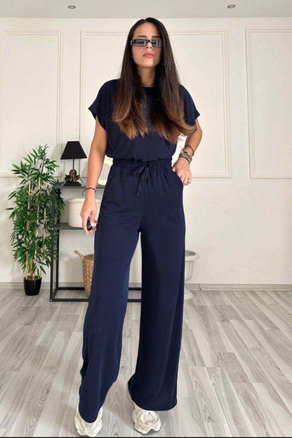 Round Neck Short Sleeve Top and Drawstring Pants Set for Women
