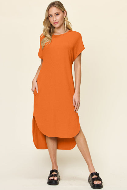 Double Take Full Size Round Neck Short Sleeve Slit Dress Stylish &amp; Comfortable Casual Dress