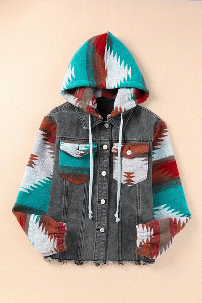 Drawstring Hooded Pocketed Denim Jacket for Women