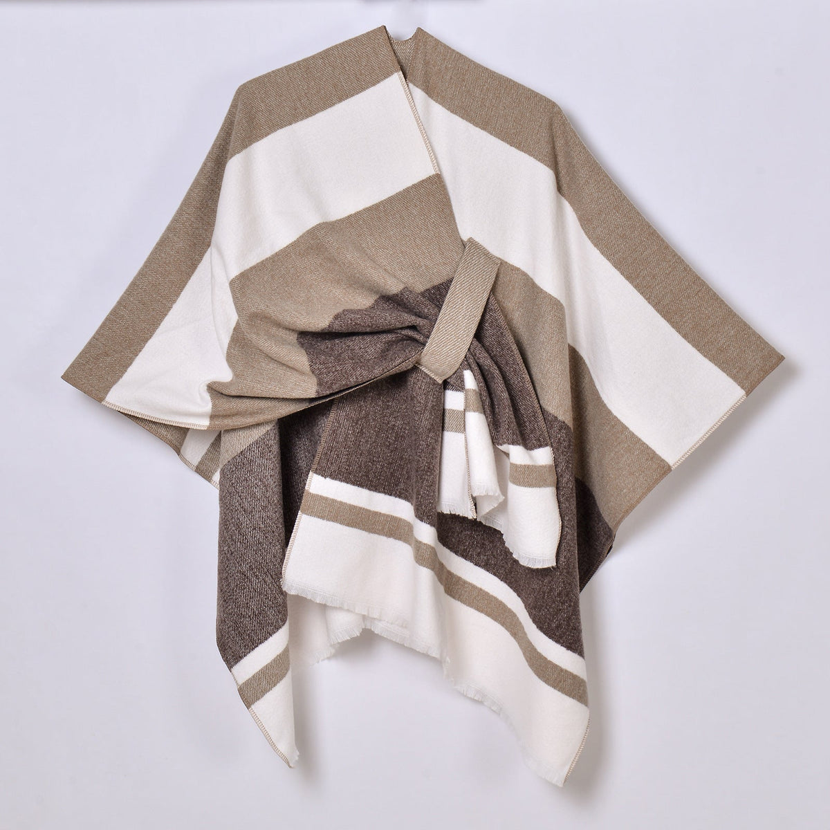 Womens Striped Tassel Cross-Strap Warm Cape Shawl