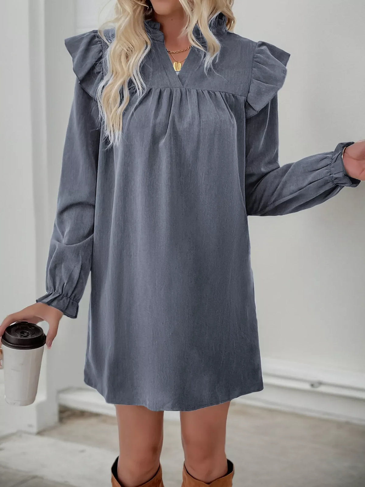 Ruffled Notched Long Sleeve Dress