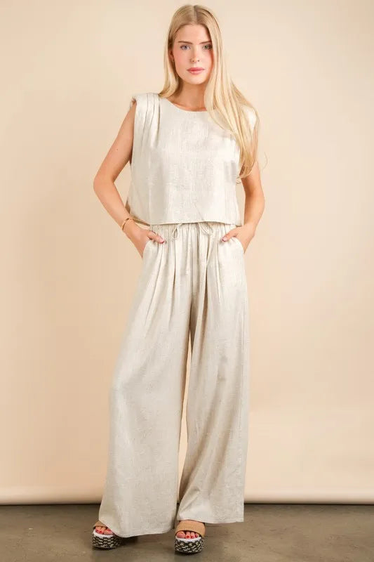 VERY J Solid Woven Top &amp; Pants Set