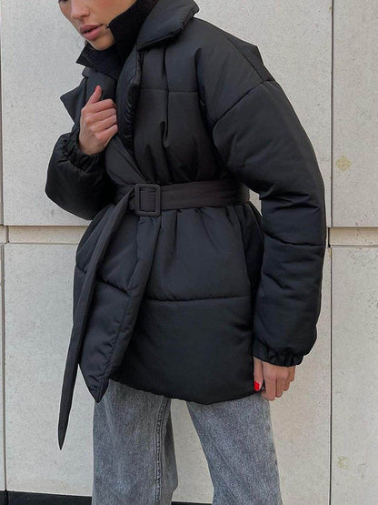 Puffer Long Sleeve Winter Coat with Belt for Women