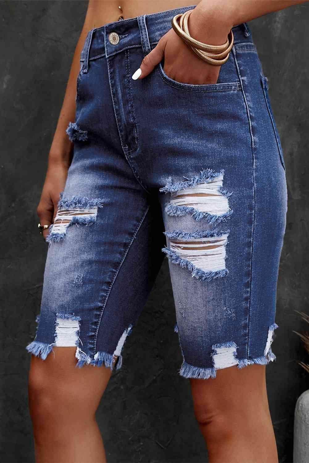 Distressed Frayed Hem Denim Bermuda Shorts for Women