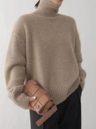Turtleneck Dropped Shoulder Long Sleeve Sweater for Women