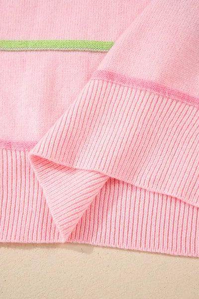 Contrast Striped Half Button Round Neck Sweater for Women