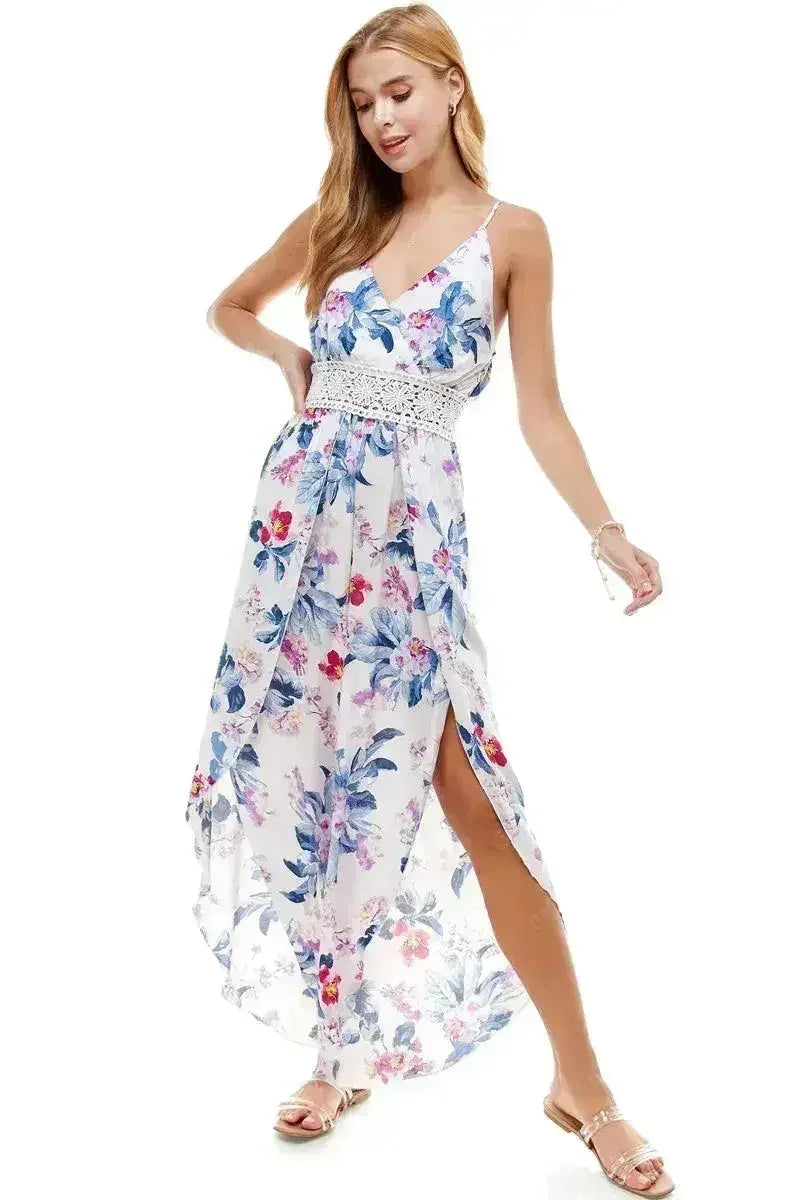 FLORAL &amp; SOLID CROCHET TULIP LEG CAMI JUMPSUIT