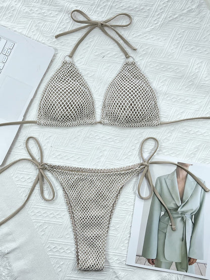 Halter Neck Tie Back Bikini Set For Women