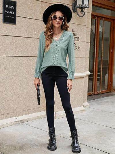 Lace Detail Eyelet V-Neck Flounce Sleeve Blouse for Women