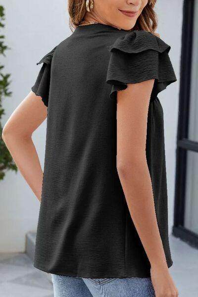 Ruffled Notched Short Sleeve Blouse for Women Stylish Wear