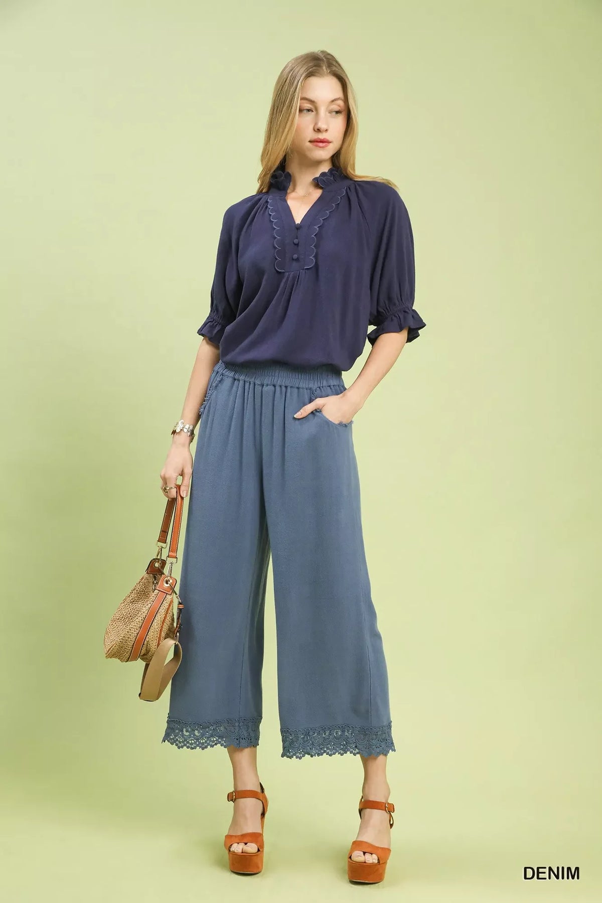 Umgee Linen Wide Leg Cropped Pants with Lace Trim