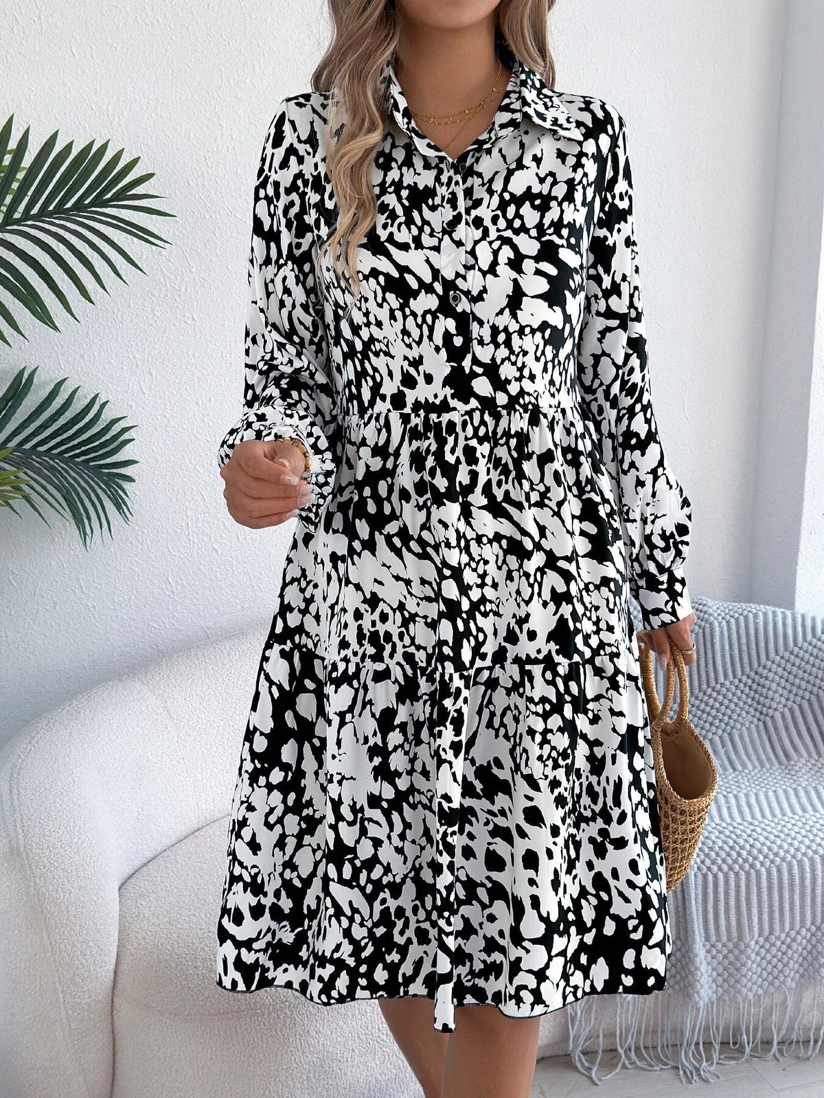 Printed Collared Neck Long Sleeve Dress