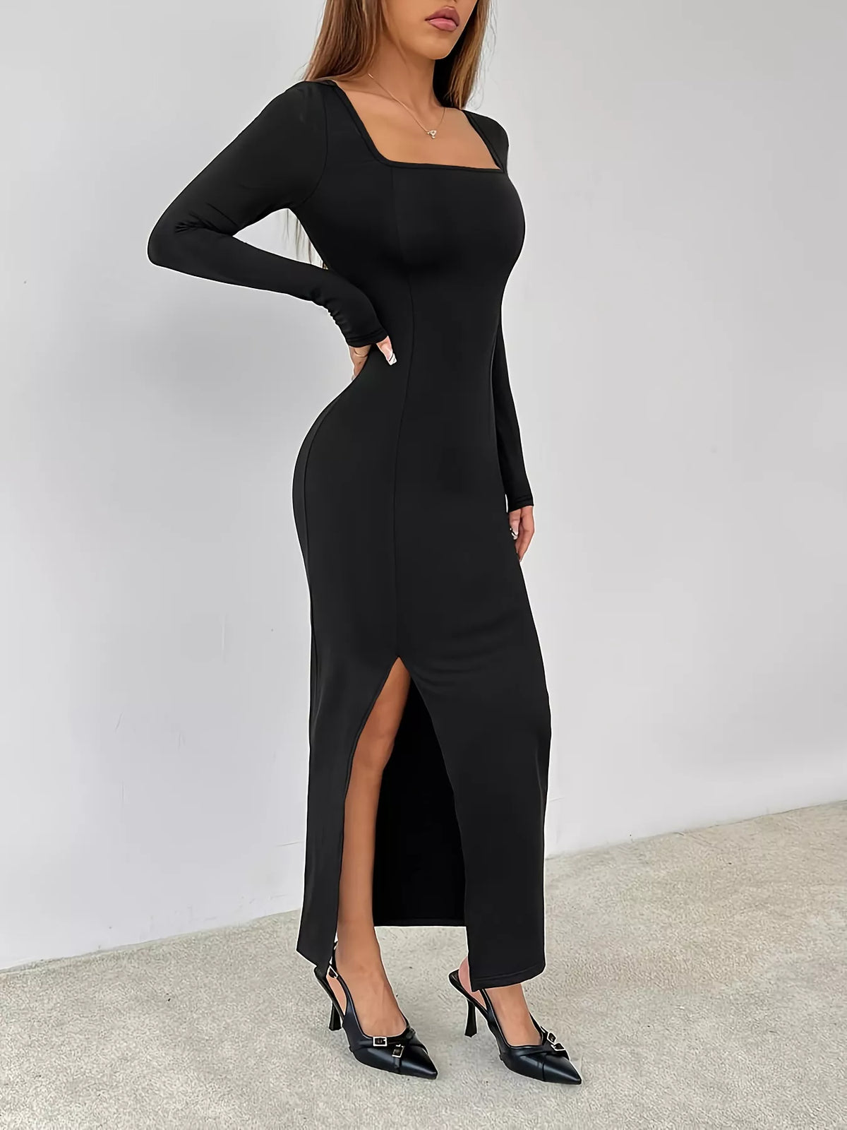 Square Neck Long Sleeve Slit Bodycon Maxi Dress