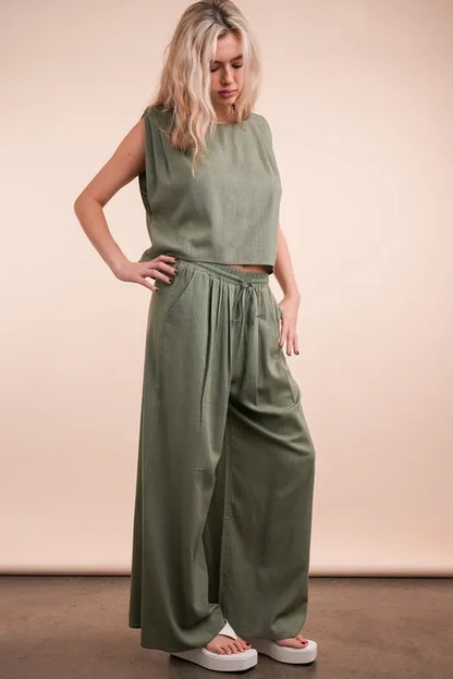 VERY J Solid Woven Top &amp; Pants Set