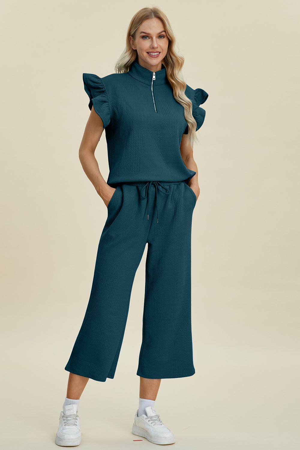 Double Take Full Size Texture Ruffle Top and Pants Set