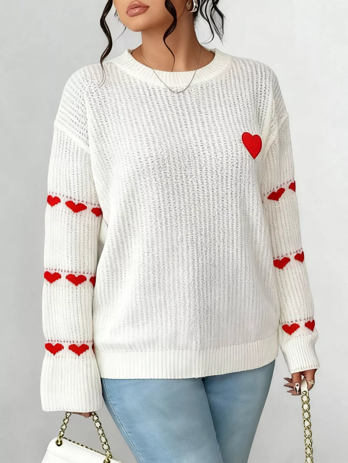Heart Pattern Round Neck Sweater