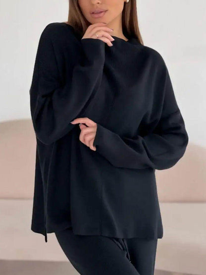 Slit Mock Neck Top and Pants Sweater Set for Women