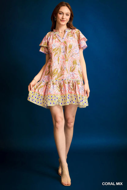 Umgee Floral Ruffle-Sleeve Tunic Dress