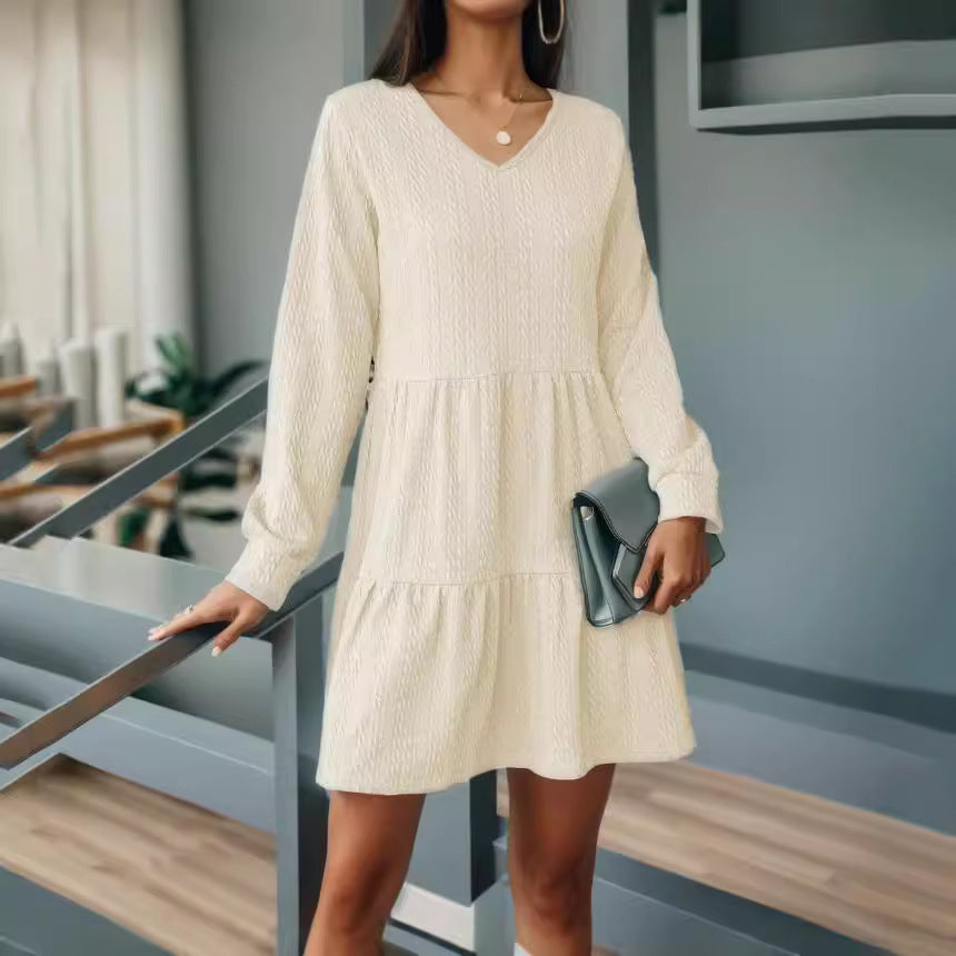 Autumn And Winter Fashion V Neck Solid Color Long Sleeve Dress