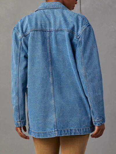Pocketed Lapel Collar Long Sleeve Denim Jacket for Women