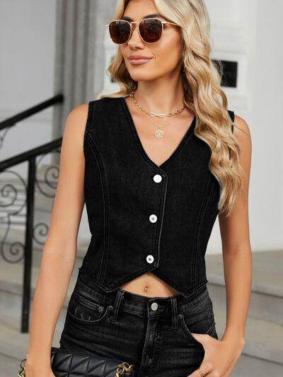V-Neck Button Down Denim Vest for Stylish Layering