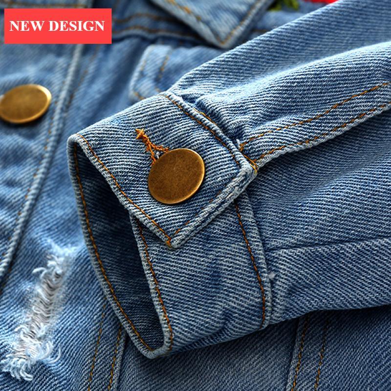 Modern Luxury Baby Girls Outerwear Jeans Coat Ripped Embroidery Jackets For Girls With Roses