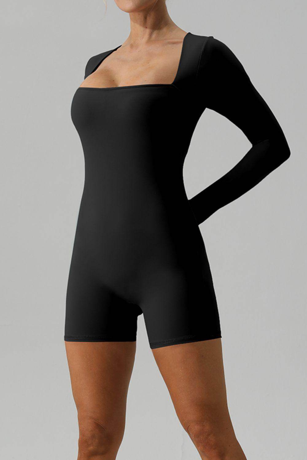 Square Neck Long Sleeve Active Romper for Women Fitness