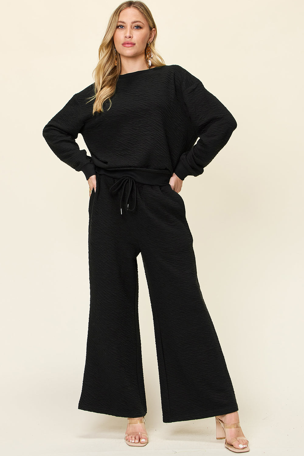 Textured Lounge Set with Drawstring Pants