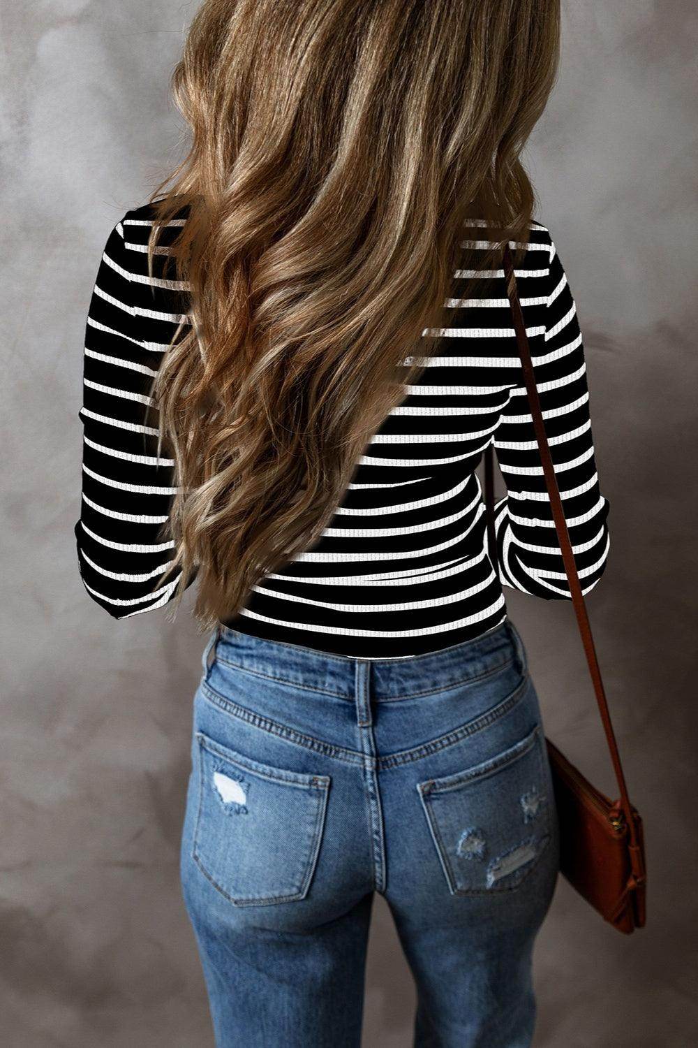 Striped V-Neck Long Sleeve Top for Women Casual Wear