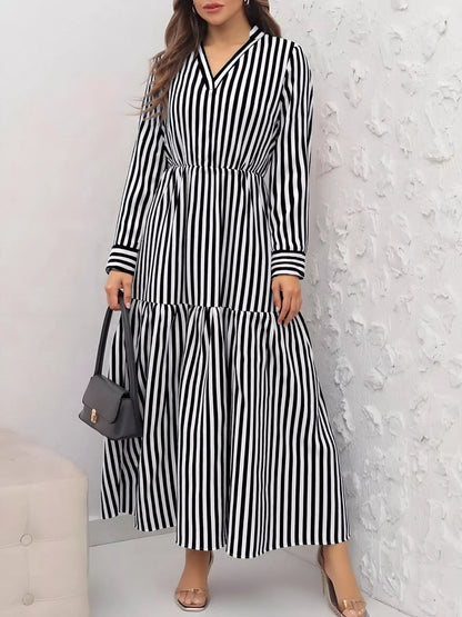 Striped Notched Long Sleeve Midi Dress
