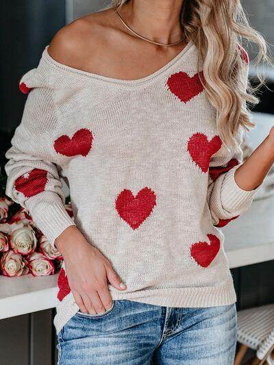 Heart Scoop Neck Long Sleeve Sweater for Women Cozy Style