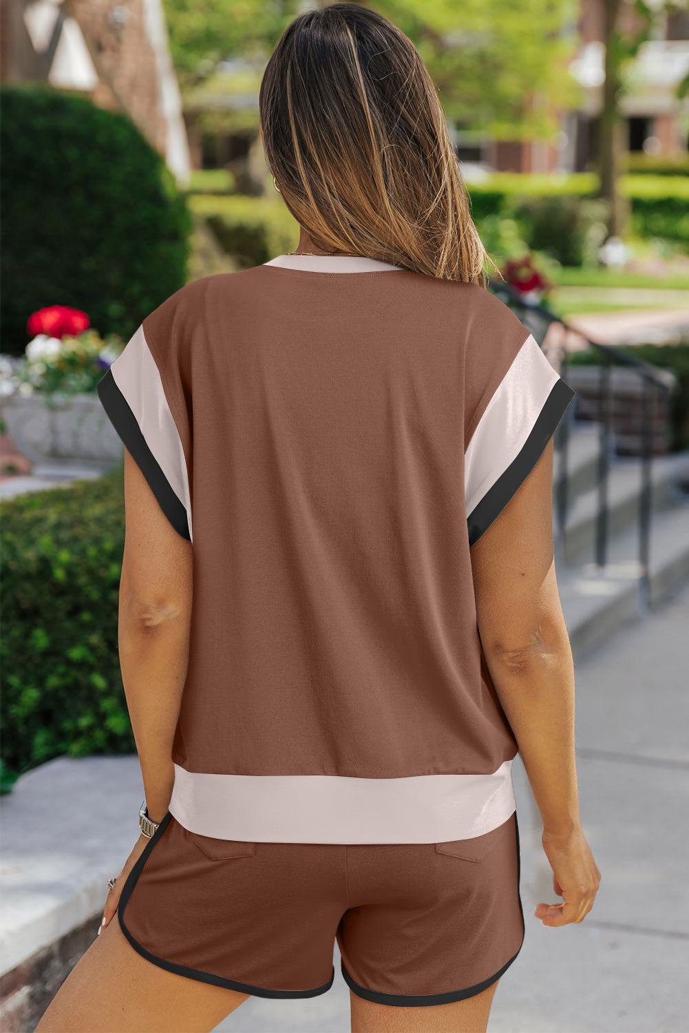 Polyester Two-Piece Set with Contrast Top &amp; Shorts