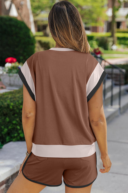 Polyester Two-Piece Set with Contrast Top &amp; Shorts