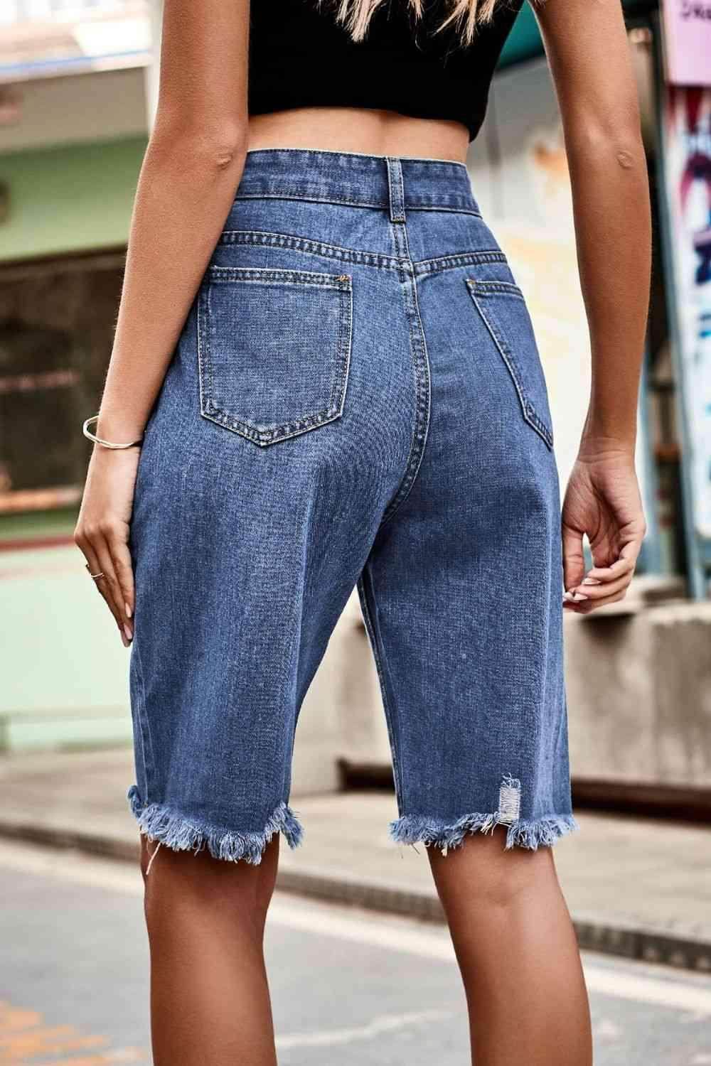 Raw Hem High Waist Denim Shorts with Pockets for Women