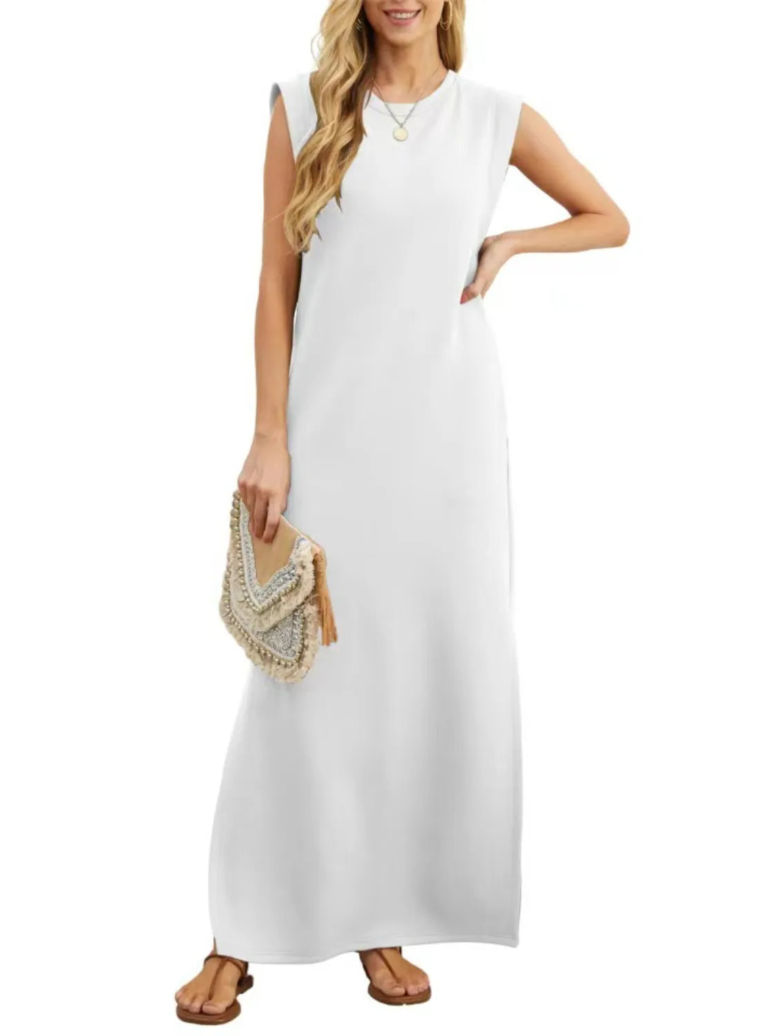 Full Size Slit Round Neck Sleeveless Maxi Tank Dress Plus Size
