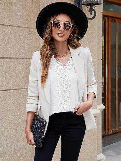 Lace Detail Eyelet V-Neck Flounce Sleeve Blouse for Women