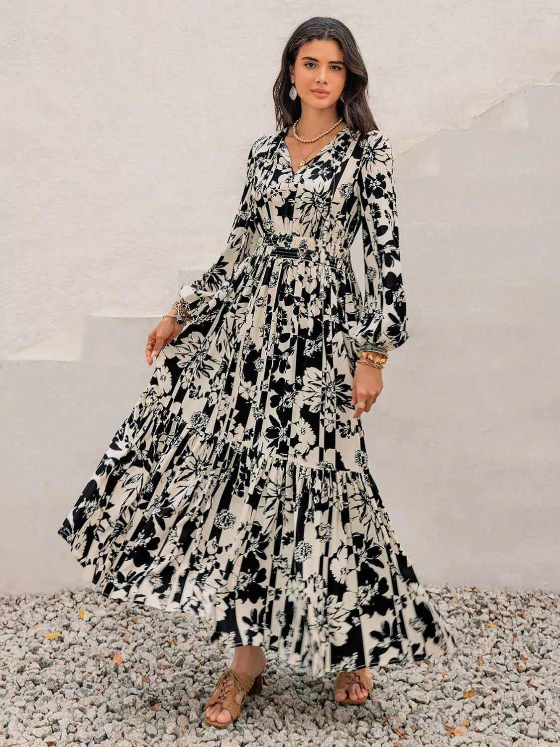 Plus Size Floral Print Balloon Sleeve Maxi Dress